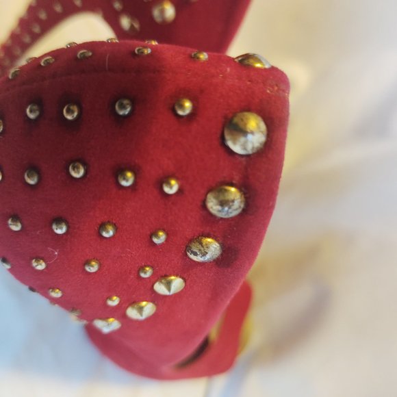 Red Studded Open Toe with Gold Colour Tip 5" Heel - Picture 7 of 11